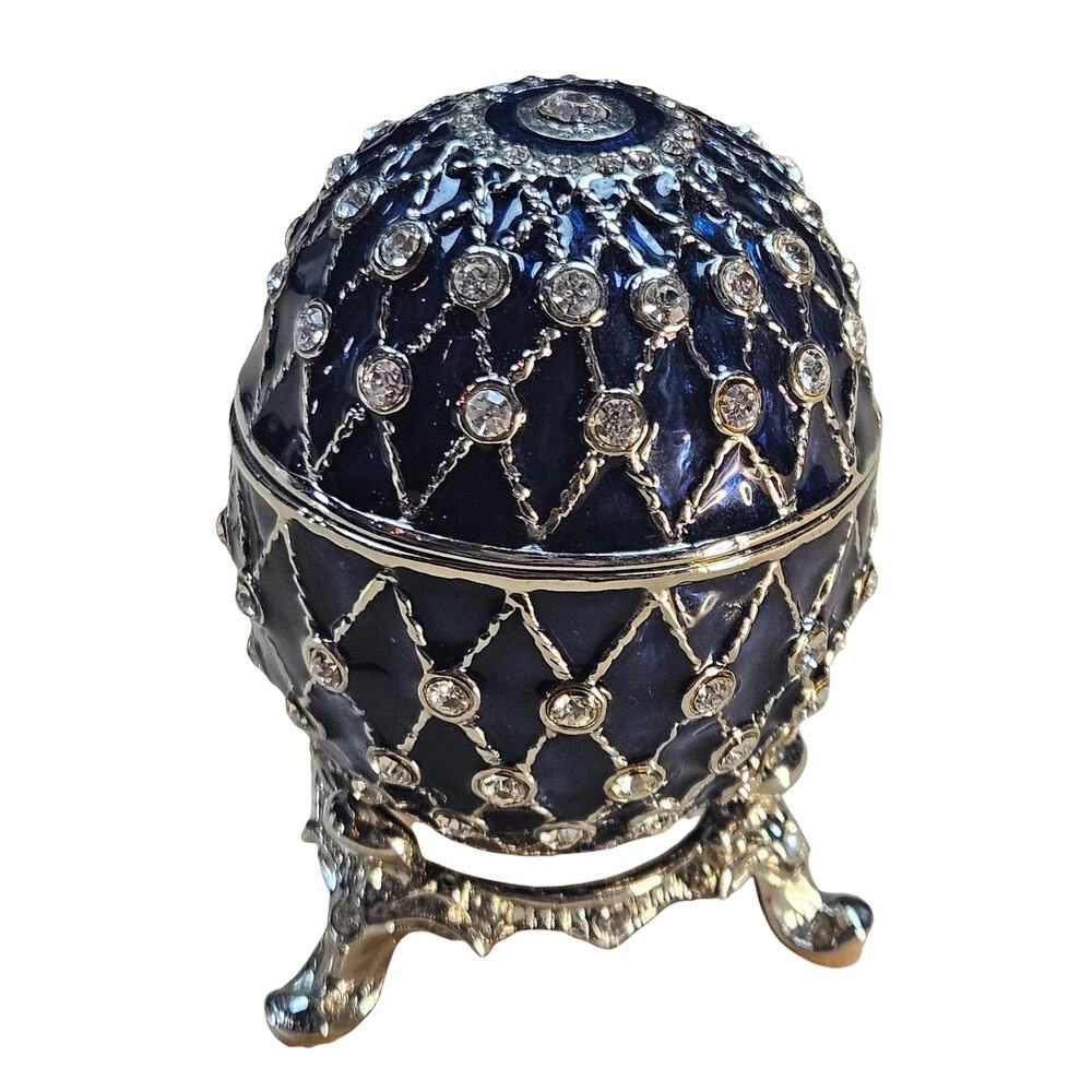 Faberge Design Egg Shaped Trinket Box w/Stand Swarovski Crystals Blue Silver